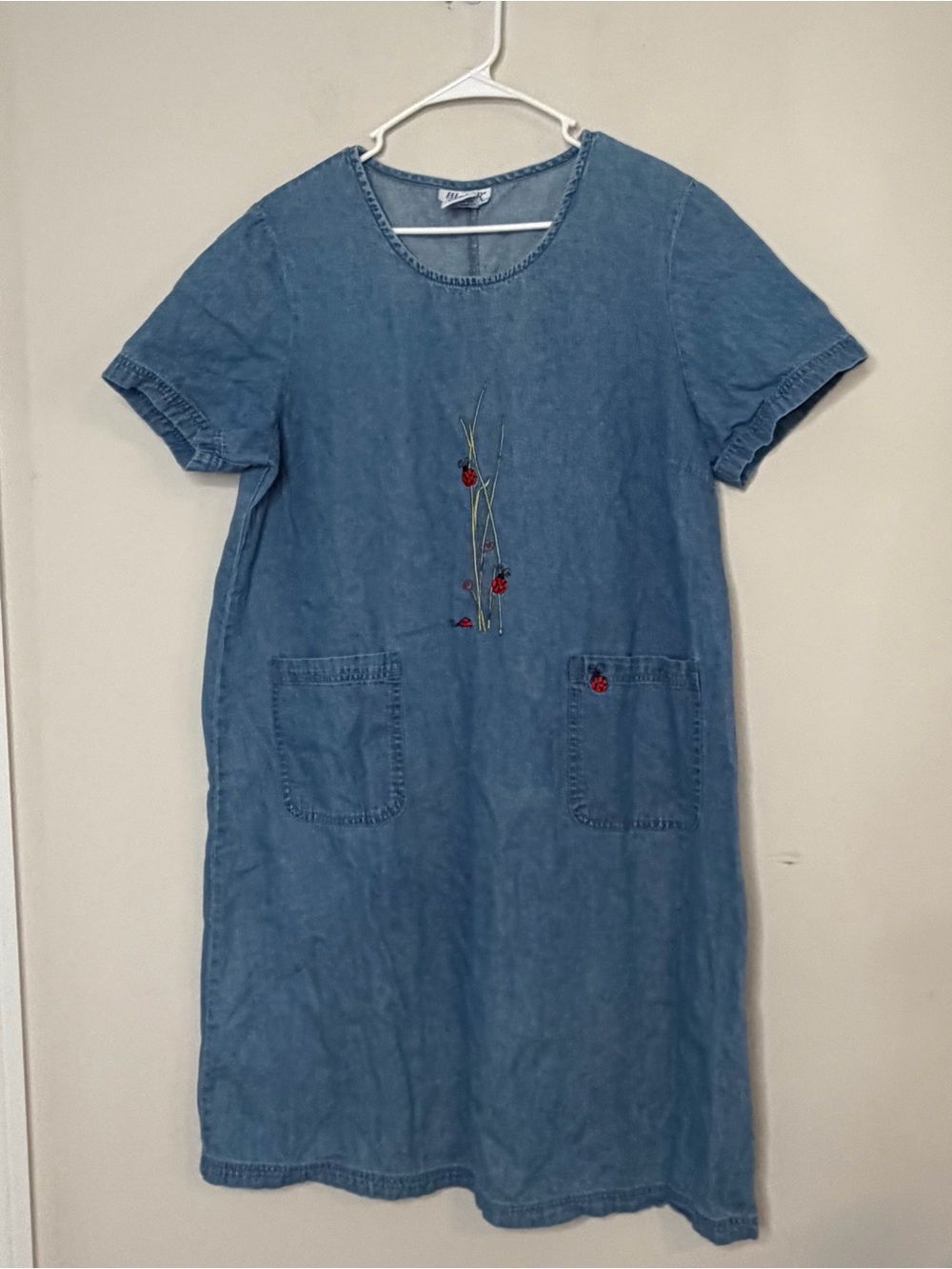 Vintage 90s Denim Look Ladybug Dress Blue Shift Pockets Cottagecore